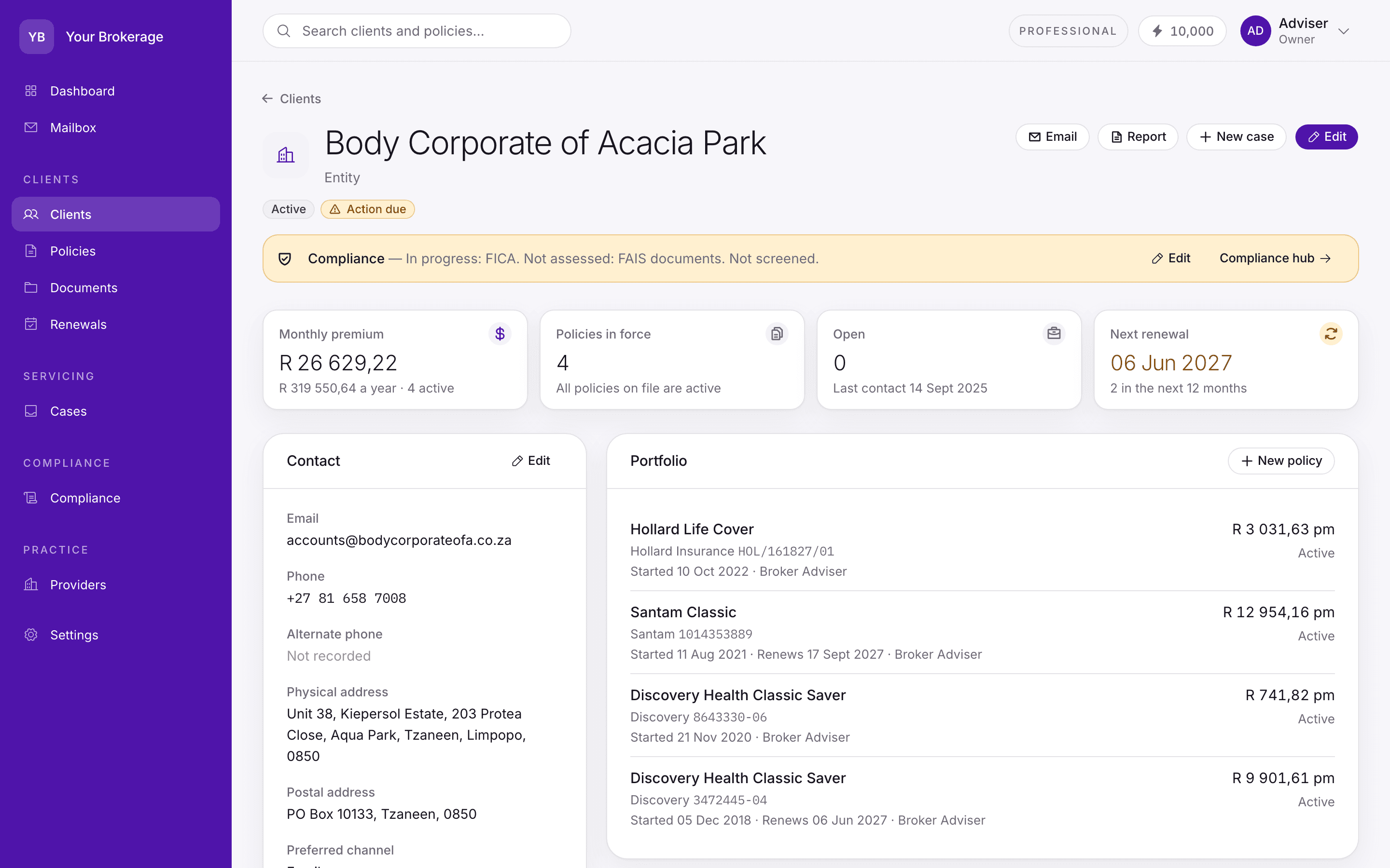 A Client 360 page for a body corporate: compliance banner, monthly premium, policies in force, contact details and portfolio.