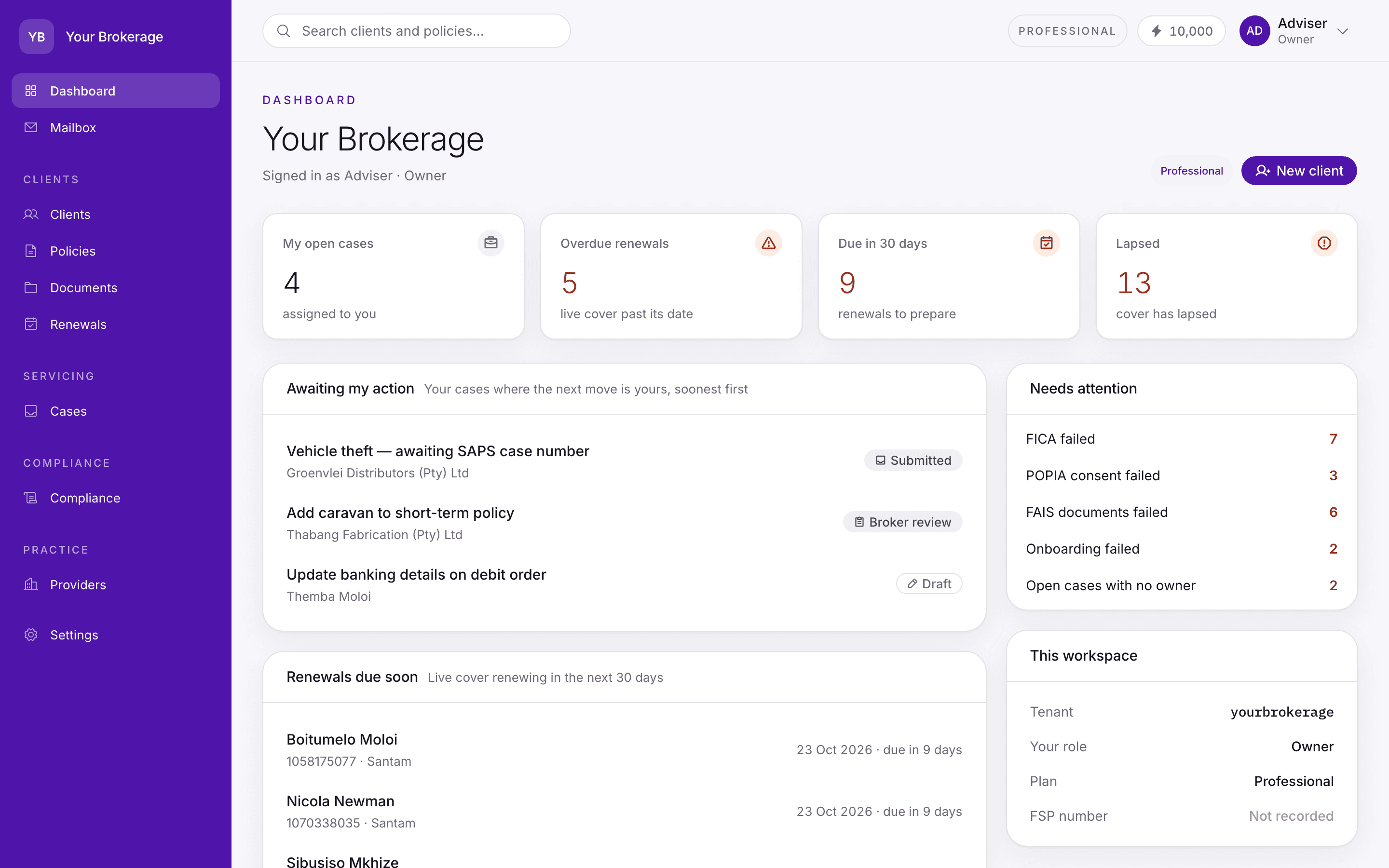The console header: the plan, the remaining AI credit balance and the signed-in user.