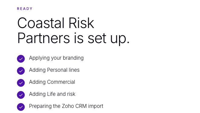 The build list after set-up: branding applied, product lines added and the Zoho CRM import prepared.