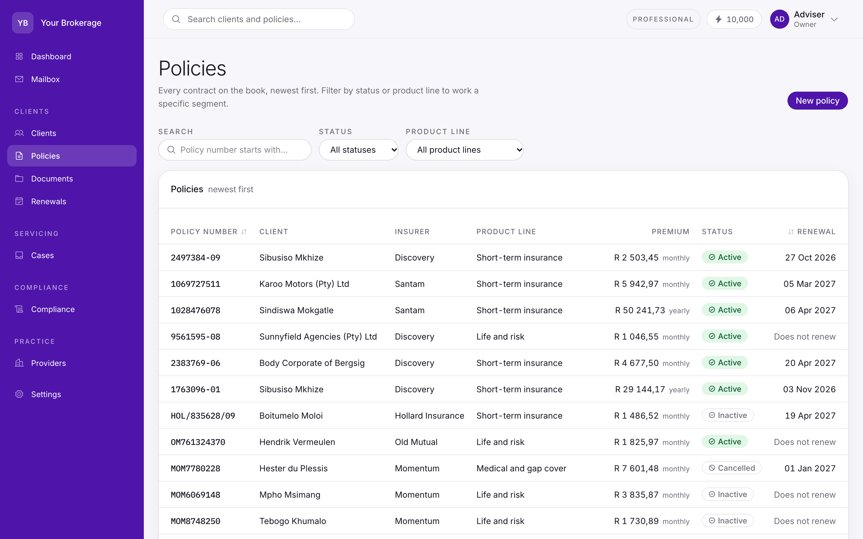 The policy list, filterable by status and product line, with insurer, client, premium and renewal date.